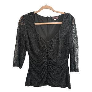 MARINA Black Beaded 3/4 Sleeve Ruched Top - Sz Medium